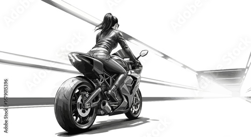 Bold motorcycle rider speeds through abstract architecture sketch style