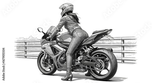 Captivating grayscale illustration of a woman on a modern motorcycle