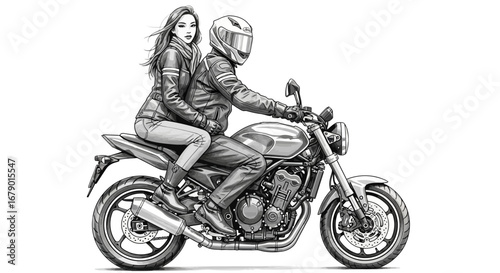 Captivating motorcycle adventure featuring stylish girl and helmeted rider