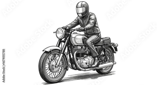 Classic Motorcycle Sketch Illustration with Rider and Retro Aesthetic