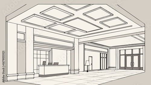 Hotel lobby design architectural rendering with reception desk, ceiling panels and large doors view