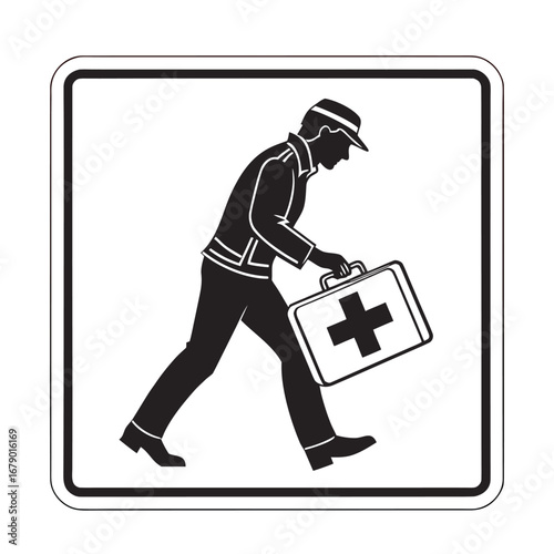 Silhouette of a medical professional walking with a first aid kit, a clear and universally recognized symbol for emergency medical services or healthcare providers