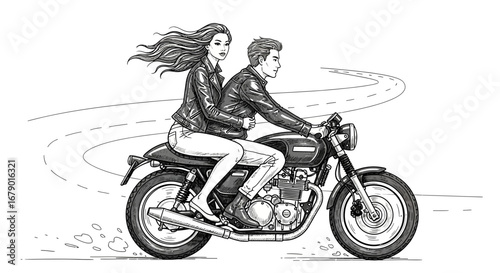 Couple Riding a Classic Motorcycle on a Winding Road Illustration Style