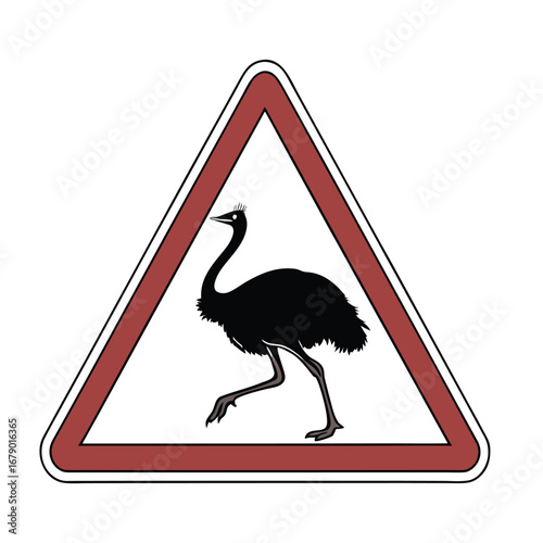 Triangular warning sign silhouette featuring a large black ostrich walking to the right, symbolizing potential hazards for drivers in areas with wildlife