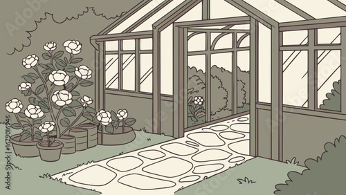 Illustration of greenhouse with roses and stone path for gardening and landscaping projects design and art