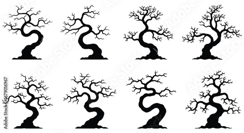 Collection of bare tree silhouettes with twisted trunks and branches