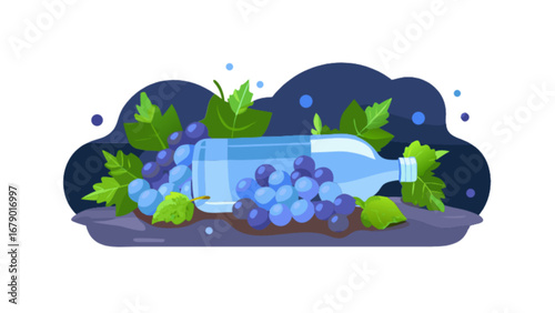 Illustration of wine bottle and grapes still life vector art drawing for food and beverage design art