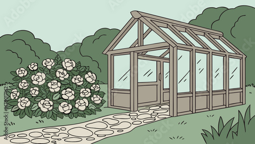 Drawing of a greenhouse in a garden with flowers and a stone path for gardening and plant growth