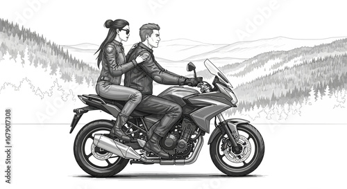 Couple Riding a Motorcycle on a Scenic Mountain Road Illustration