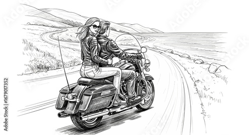 Couple riding motorcycle on coastal road illustration monochrome style