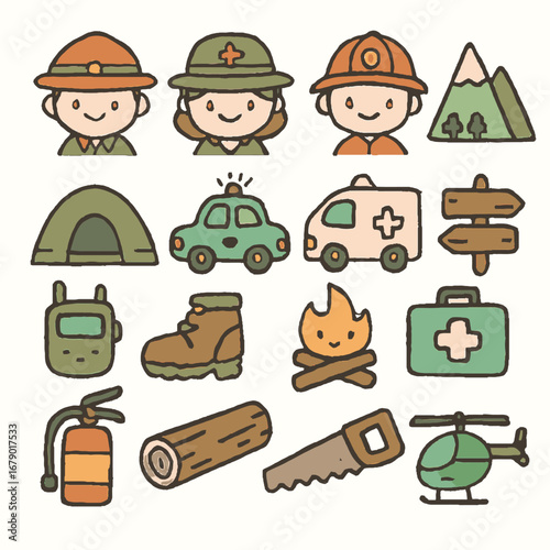 This charming collection of doodle icons depicts various outdoor adventures, emergency services, and essential tools in a playful, hand-drawn style.