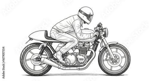 Detailed grayscale illustration of a rider on a classic cafe racer motorcycle