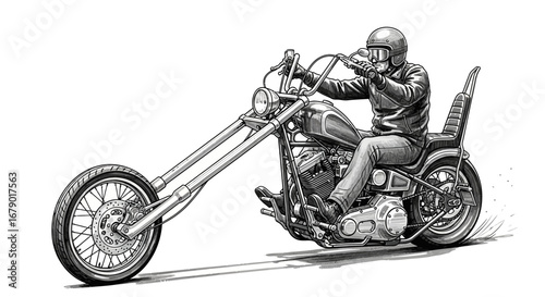 Detailed grayscale illustration of a retro chopper motorcycle on the road