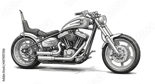 Detailed grayscale motorcycle illustration emphasizing mechanical precision