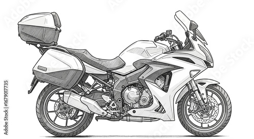 Detailed illustration of a touring motorcycle in grayscale tones