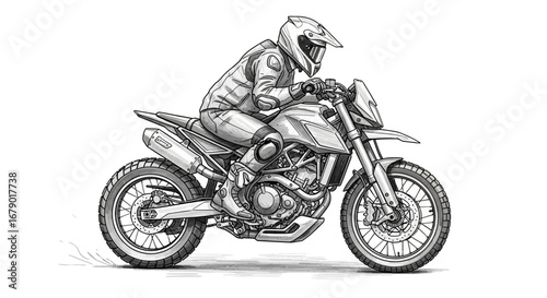 Detailed ink drawing of a motocross rider cruising on a white background