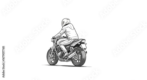 Detailed line art illustration of a motorcyclist on a white backdrop design