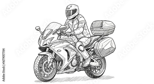 Detailed ink sketch of a motorcyclist wearing protective gear on bike
