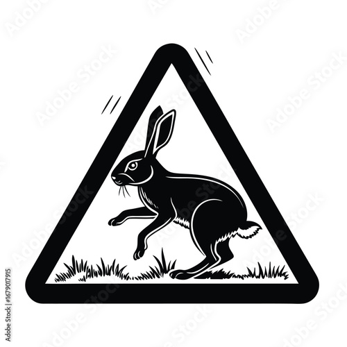 Black silhouette of a jumping hare inside a triangular warning sign, depicting wildlife crossing the road