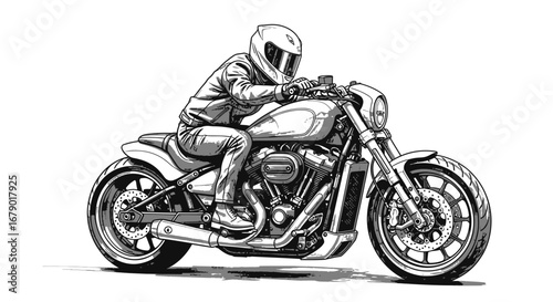 Detailed monochrome drawing of a motorcycle rider with full gear on the road