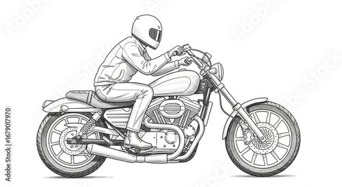 Detailed monochrome illustration of a biker riding a custom motorcycle