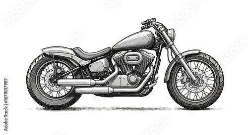 Detailed monochrome illustration of a classic custom motorcycle isolated