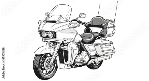 Detailed Monochrome Illustration of a Touring Motorcycle on a White Background