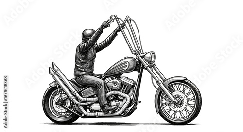 Detailed monochrome illustration of a vintage motorcycle with a rider
