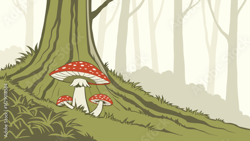 Mushroom forest illustration with fly agaric mushrooms and trees in a foggy woodland scene design