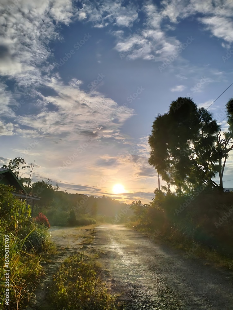 Obraz premium Golden morning sunrise casting long shadows over a tranquil, misty rural road under a beautiful sky
