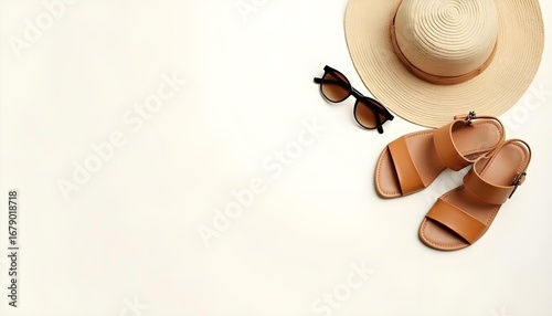 Summer vacation essentials straw hat sunglasses and sandals