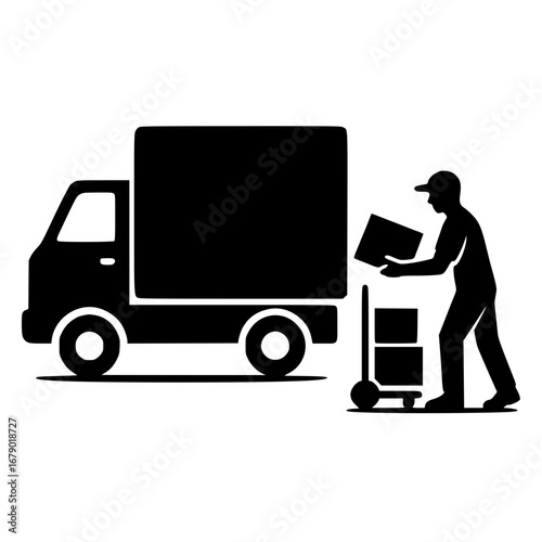 Black Silhouette Delivery Worker Unloading Boxes from Truck Vector Isolated on White Background