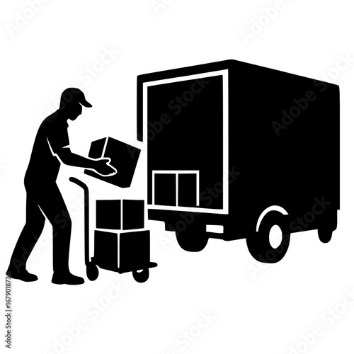 Black Silhouette Delivery Worker Unloading Boxes from Truck Vector Isolated on White Background