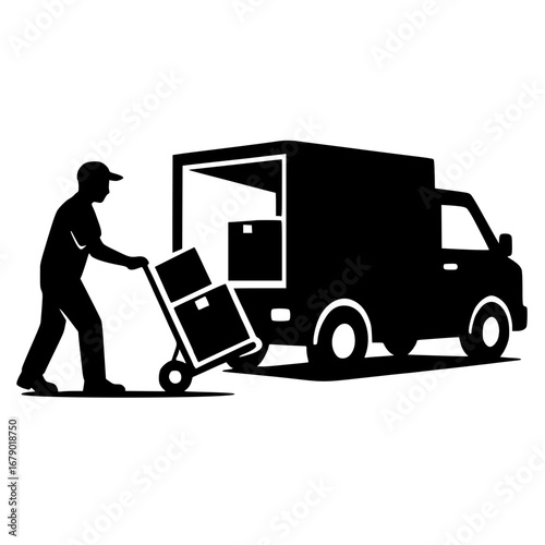 Black Silhouette Delivery Worker Unloading Boxes from Truck Vector Isolated on White Background