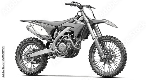 Detailed monochrome illustration presenting a sporty off road motorbike