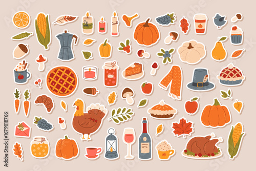 Hand drawn colorful stickers set of Thanksgiving day. Harvest festive elements, turkey, corn, pumpkin pie, wine, leaves, coffee, candle. Family holiday icons for greeting card, scrapbooking, print