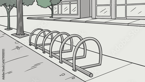 Illustration of a bike rack on a sidewalk near a building and trees for bicycle parking solution urban area