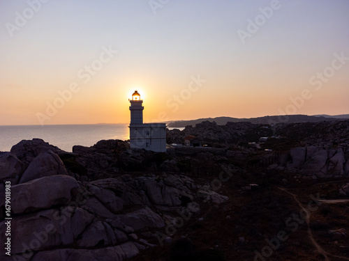 Aerial view of the Capo Testa lighthouse at dawn