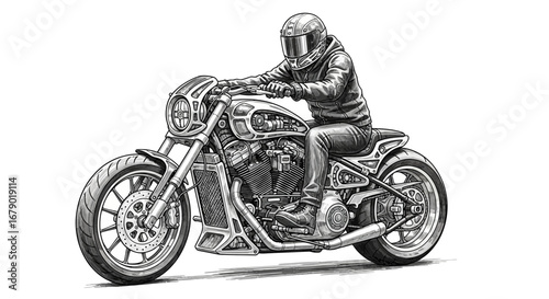 Detailed motorcycle illustration with rider on a white background