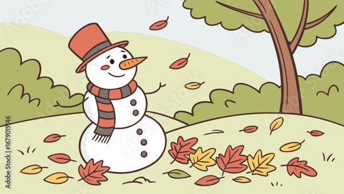 Cartoon snowman in autumn landscape with falling leaves and trees vector illustration art