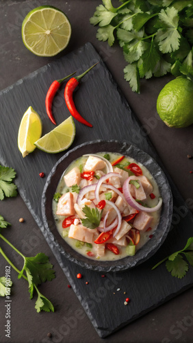 Peruvian Ceviche Flat Lay with Fresh Ingredients on Slate Board
