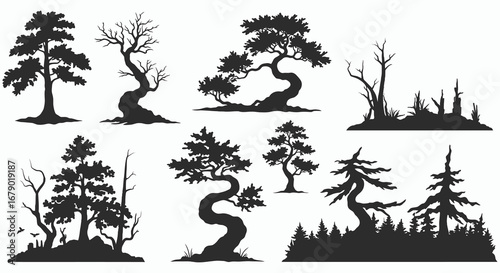 Collection of tree silhouettes in various styles and formations