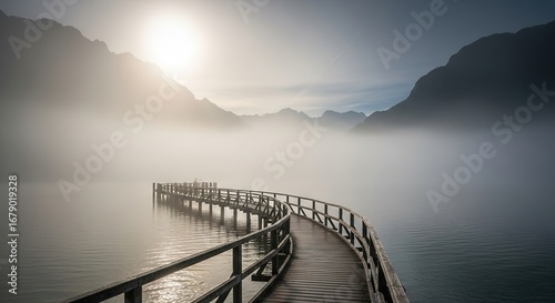Serene Sunrise Over Misty Lake and Winding Wooden Pier