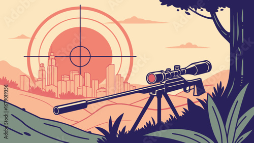 Sniper rifle scope aiming at city skyline illustration for military and hunting themes design needs