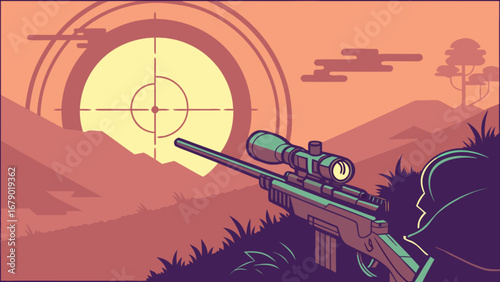 Sniper rifle aiming target illustration, sniper scope precision shooting vector art design 95