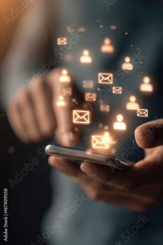 Smartphone in hand with glowing email and contact icons representing connectivity and communication.
