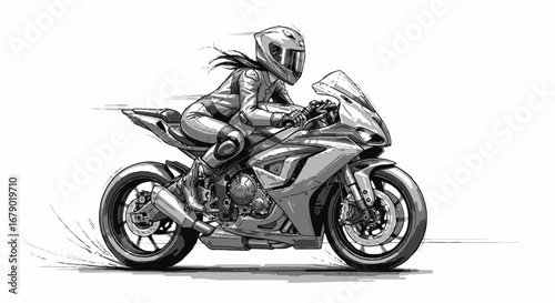 Dynamic black and white motorcycle sketch featuring a female rider in motion