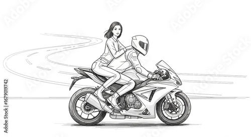Dynamic duo rides a sports motorcycle through a curving asphalt landscape