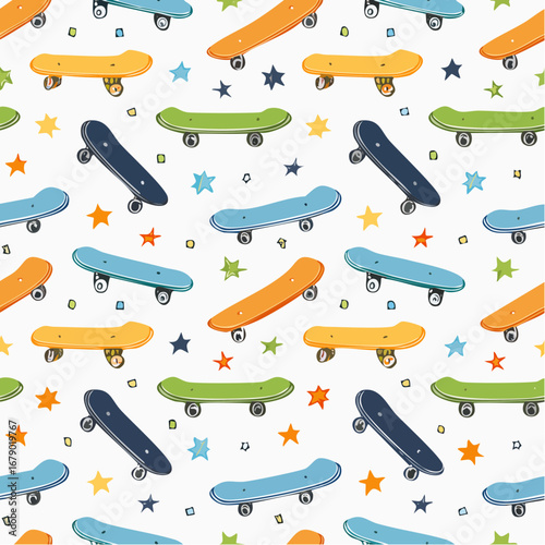 Hand-drawn skateboarding seamless pattern. Skate background texture. Skateboarding doodle illustration. Vector seamless repeat pattern.