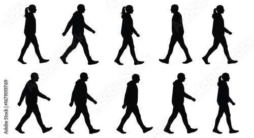 Silhouettes of people walking in various poses and styles side by side